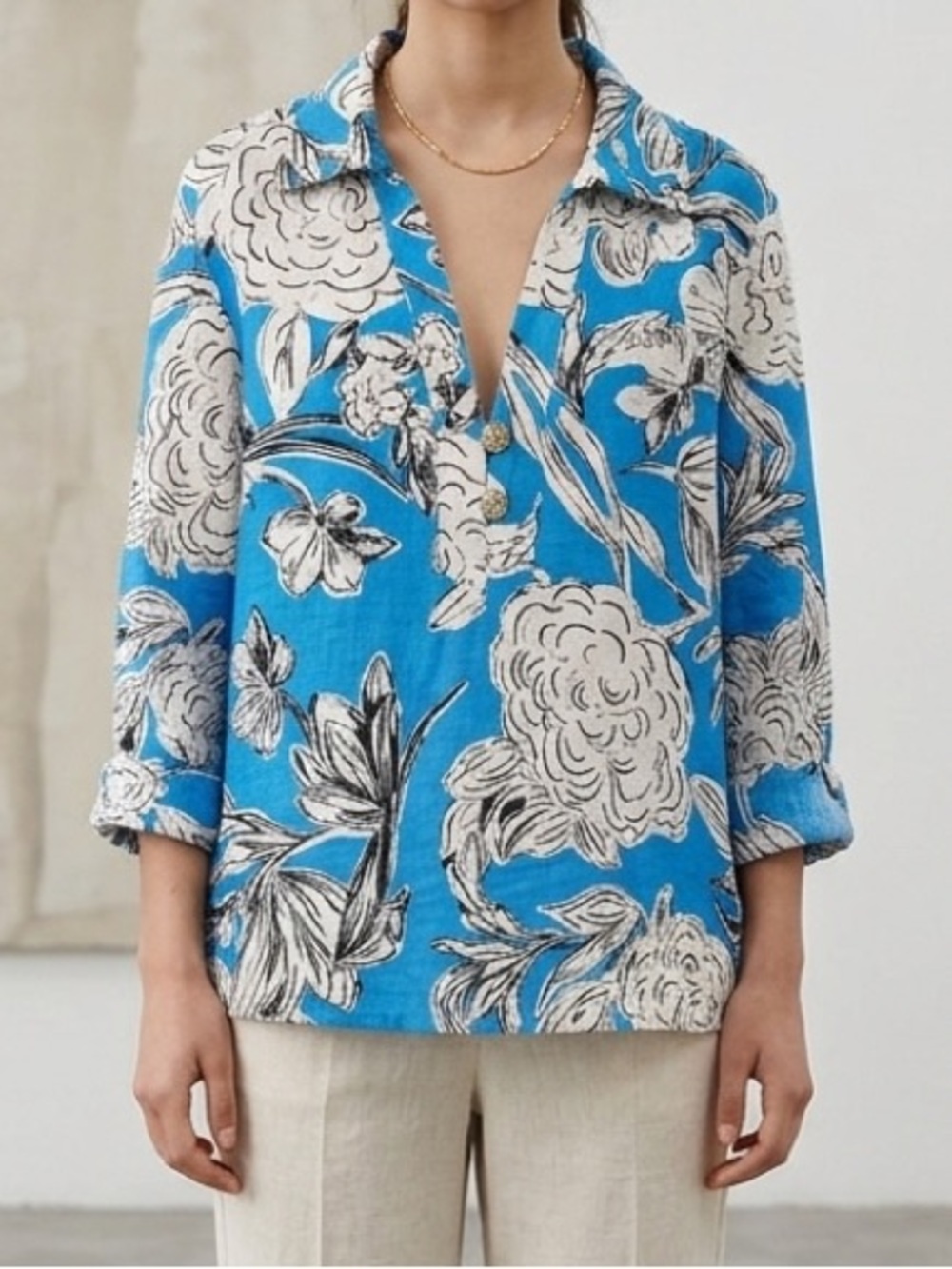 Zara Blue Floral Print Blouse - Size S - 80% Cotton 20% Linen Blend